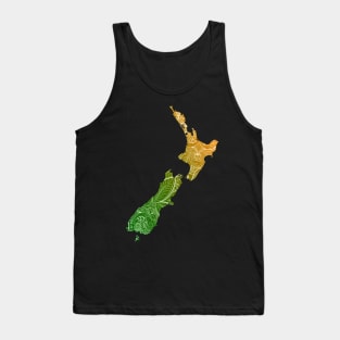 Colorful mandala art map of New Zealand with text in green and orange Tank Top